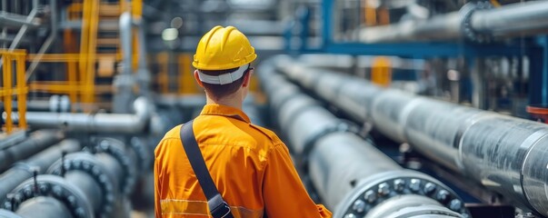 Fototapeta premium Male worker inspection at steel long pipes in station oil factory