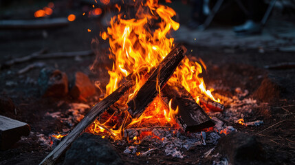 Fire in nature. blurred background. Campfire at the campsite.
