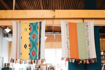 handwoven textiles hung from a market canopy