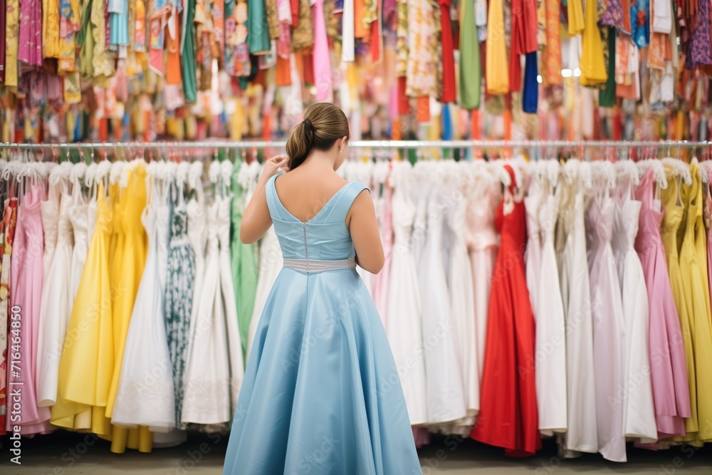 Wall mural customer browsing through rows of hanging colorful dresses