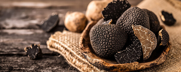 Black truffles, gourmet mushrooms with rosemary on an old wooden table.