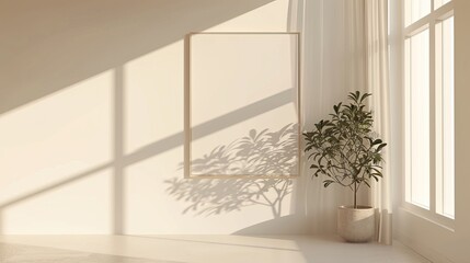 Interior Mock-up Frame with Plant and Sunlight Shadows on Wall