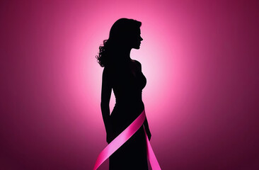 Female silhouette with pink ribbon. Cancer symbol.