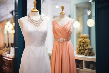 Obraz premium elegant vintage gowns on high-end mannequins with pearl necklaces