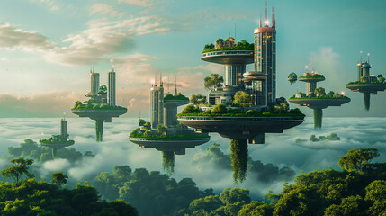 Fototapeta premium Sustainable Futuristic City Architecture. Innovative Green Design Addressing Ecology, Climate Change, Overpopulation. Smart Urban Solutions, Technology for Good, Nature, Wellness and Biodiversity 