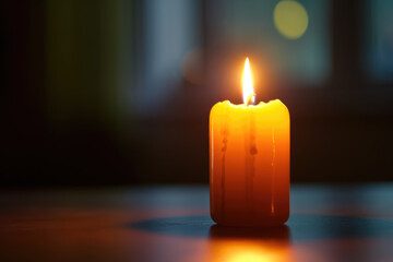 Candle flame on the table against the background of the window.
