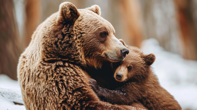 A bear cub and his mother bear are playing in the winter forest. Bear family of brown bears in nature.