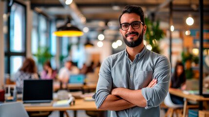 Fototapeta premium Confident Male Entrepreneur at Startup Office. A confident young male entrepreneur with glasses stands proudly in a bustling startup office environment.