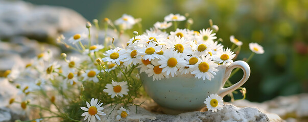 A delicate porcelain teacup filled with blooming chamomile flowers, embodying the calming and soothing aspects of love.