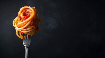 Pasta with tomato sauce on a metal fork, copy space for text