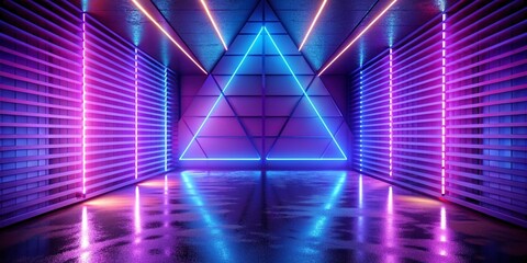 Triangle stage with and and purple neon light ,abstract fustic background, ultraviolet concept, 3d render