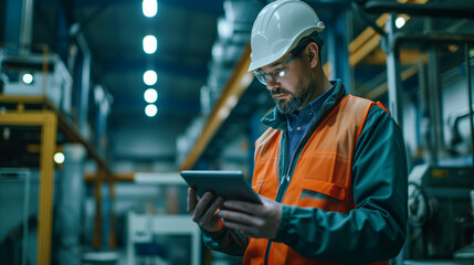 Focused Engineer Using Tablet in Manufacturing Plant. A concentrated male engineer in safety gear inspects production data on a tablet inside an industrial manufacturing facility. - obrazy, fototapety, plakaty