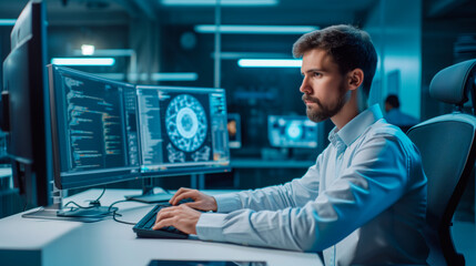 Cybersecurity Expert Monitoring Data on Screens. Focused cybersecurity professional analyzing encrypted data on multiple computer monitors in a high-tech office environment.