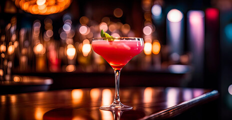 Cosmopolitan cocktail in a dimly lit bar, moody atmosphere, cosy and warm. Late night cocktail bar, restaurant