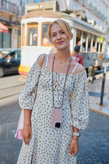 Tourist woman walking on foot in the city