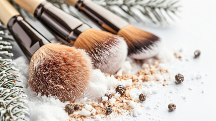 Natural makeup brushes and snowy on white background
