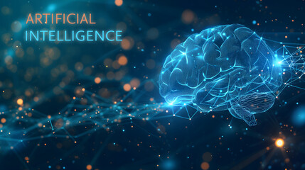 Artificial intelligence. Digital brain shaped with neural connection lines and glowing dots. AI and big data concept.	