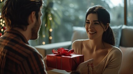 Young man is giving a present to his lovely girlfriend while they are sitting on couch at home