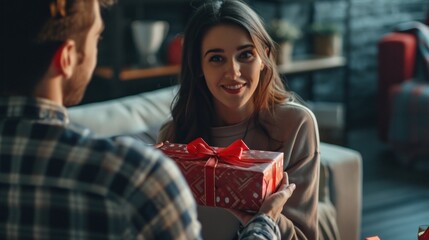 Young man is giving a present to his lovely girlfriend while they are sitting on couch at home