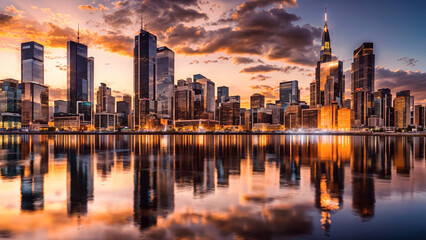 Obraz premium Glass Giants Kiss the Sun: Where Chrome Dreams Dance on Liquid Fire, a City Blazes in Sunset's Embrace. Sky Symphony in Steel and Flame: Towers Pierce Prismatic Clouds, Painting Reflections in an Urba