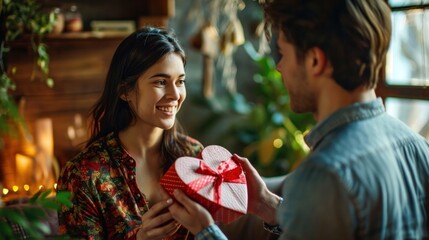 Young man is giving a present to his lovely girlfriend while they are sitting on couch at home