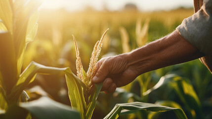 Close up hand of Unrecognizable field worker or agronomist checking health of corn crops in the field.