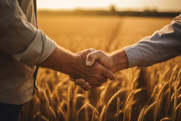 Close up of Two farmer standing and shaking hands in a wheat field.