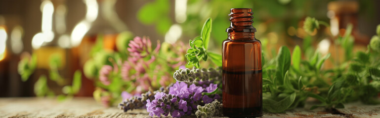 Small bottle of essential oil remedy. Website header with natural herbalist medicine product for treatment. Bach flowers for spa; healing center. Wellness and healthy life style concept. Aromatherapy  - obrazy, fototapety, plakaty