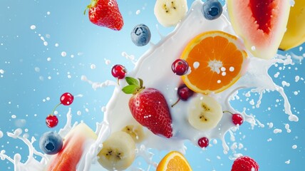 Milk splash with fruits. White liquid with fruits and berries on blue background.
