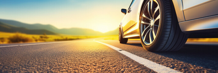 Close up tire and wheel of a car on the road in background. The driving concept of travel and vacation. - obrazy, fototapety, plakaty