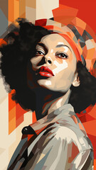 Modernist collage with sensual African American model; proud black woman face with graffiti style background; digital art for vertical cinematic poster, red lips.	