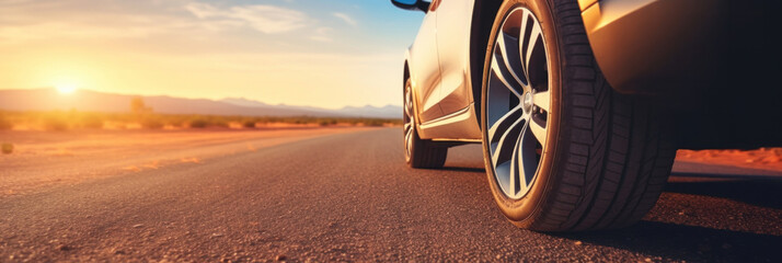 Close up tire and wheel of a car on the road in background. The driving concept of travel and vacation. - Powered by Adobe