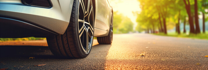 Close up tire and wheel of a car on the road in background. The driving concept of travel and...