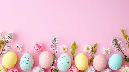 Fototapeta na wymiar colorful Easter border with coloured eggs and spring flowers. Flat lay composition of painted Easter eggs on color background, space for text.