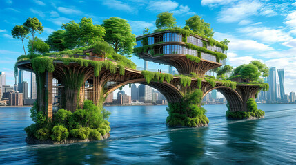 Fototapeta na wymiar Sustainable Futuristic City Architecture. Innovative Green Design Addressing Ecology, Climate Change, Overpopulation. Smart Urban Solutions, Technology for Good, Nature, Wellness and Biodiversity 