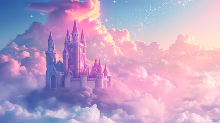 Castle in the  clouds and dreams. Pink Castle in the clouds. Fantasy world. Fairytale landscape. magical and mystical medieval kingdom In clouds in pastel tones. - obrazy, fototapety, plakaty