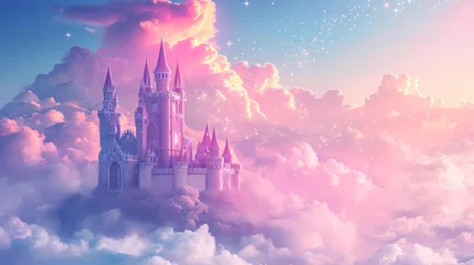 Poster Castle in the  clouds and dreams. Pink Castle in the clouds. Fantasy world. Fairytale landscape. magical and mystical medieval kingdom In clouds in pastel tones. © Julija