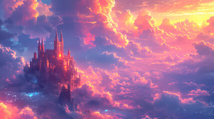 Castle in the  clouds and dreams. Pink Castle in the clouds. Fantasy world. Fairytale landscape. magical and mystical medieval kingdom In clouds in pastel tones. - obrazy, fototapety, plakaty