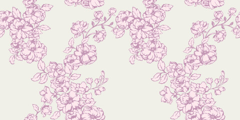 Pastel monotone artistic branches flowers intertwined in a seamless pattern. Shadow floral silhouettes print. Vector hand drawn. Template for design, fashion, printing, fabric
