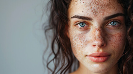 Young woman with skin problem atopic dermatitis, pigmentation, eczema on the face. - obrazy, fototapety, plakaty