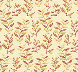 Seamless, creative, stylized leaves pattern. Vector hand drawn. Monotone, modern, yellow leaf stems print. Vector abstract drawn. Template for design, textile, fashion, print, surface design, fabric