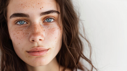 Young woman with skin problem atopic dermatitis, pigmentation, eczema on the face. - obrazy, fototapety, plakaty