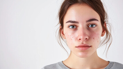 young woman with skin problem acne and eczema on the face. - obrazy, fototapety, plakaty