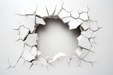 Broken hole in white wall. Abstract background.