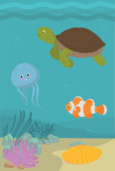 Sea life. Turtle, clownfish, jellyfish, shells, corals.Flat vector illustration. Elements suitable for animation. 