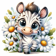 Cute zebra, white daisy flowers, children's digital cartoon illustration