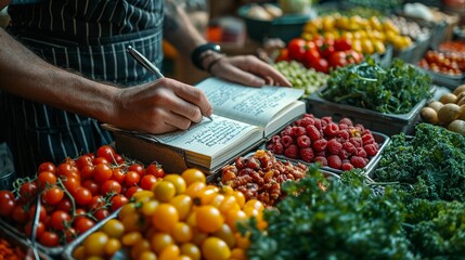 Balanced choices: Surrounded by fruits and veggies, a person jots down notes, actively creating a diverse and nourishing diet plan in a notebook.