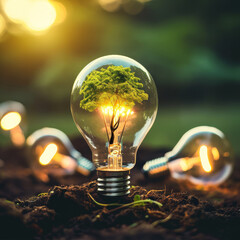 Light bulb with tree inside on the ground in nature. Sustainable energy in use. Saving energy....