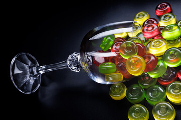 A lot of candy canes are scattered from an overturned glass goblet. Multi-colored candies in a glass on a black background. Marmalade candies.