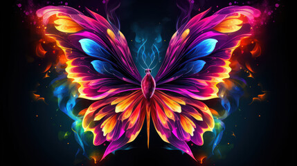 Abstract butterfly with beautiful decortive neon color wings on dark background